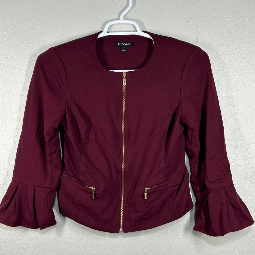 Roz&Ali Jacket Womens S Burgundy Ruffle Bell Sleeve Zip Front Peplum Zip Pockets - Picture 5 of 8